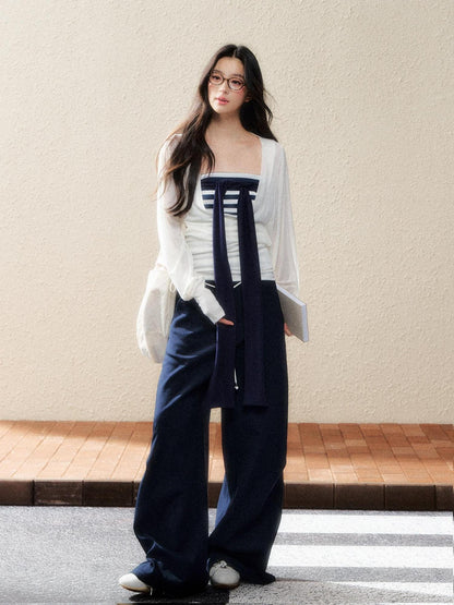 7Shiftin Versatile Minimal Straight Cut Natural Elastic Waist Women Navy Wide Leg Pants