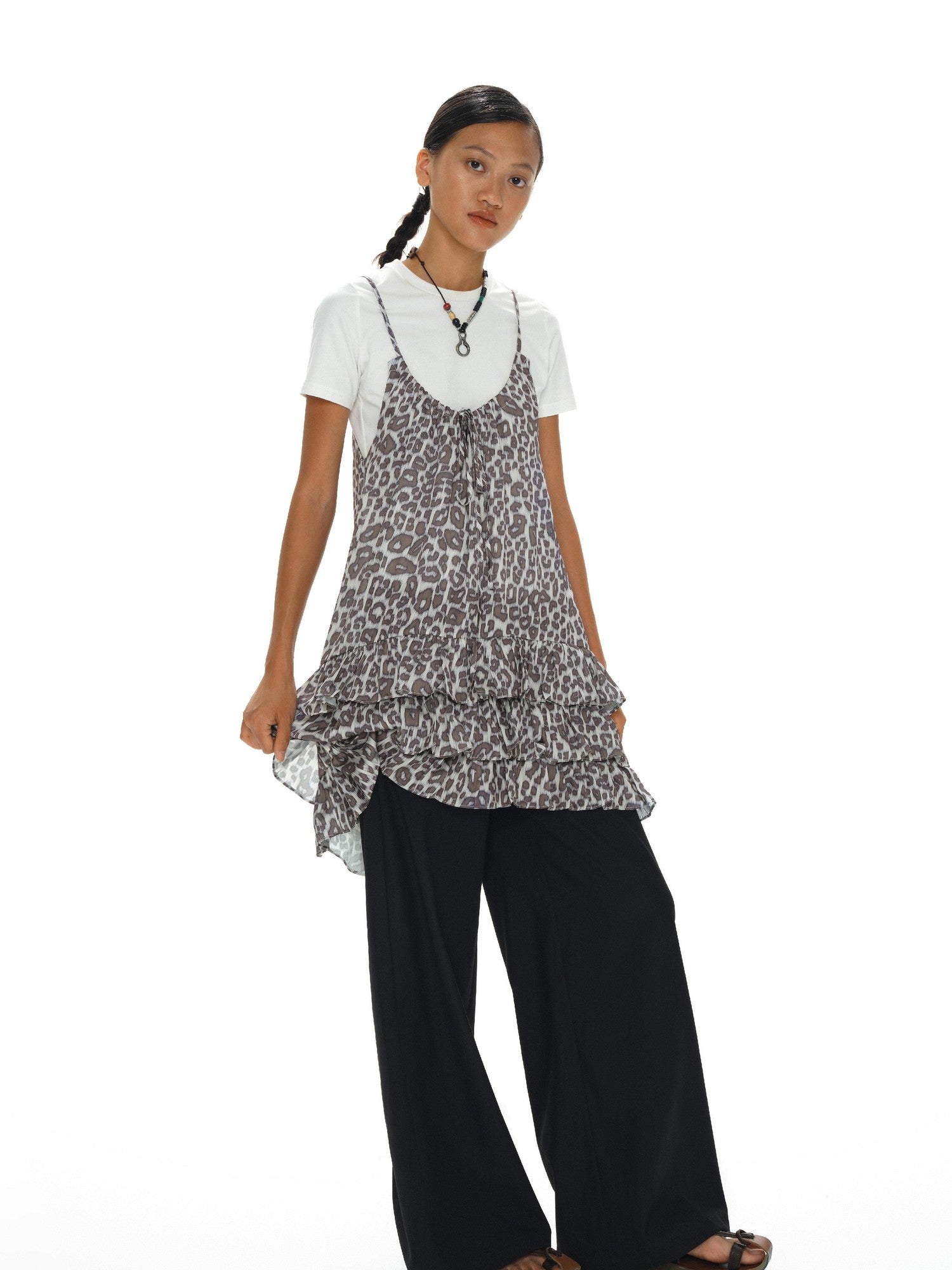 oinimi Leopard Print Ruffle Hem Adjustable Straps Women&