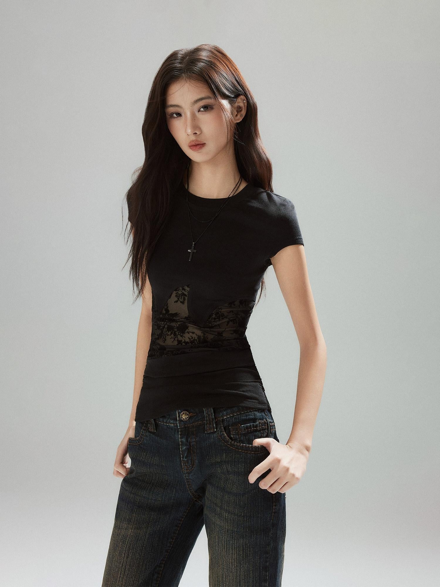 Low pixel Lyocell Slim Street Patchwork For Women Round Neck Short Sleeve T-Shirts