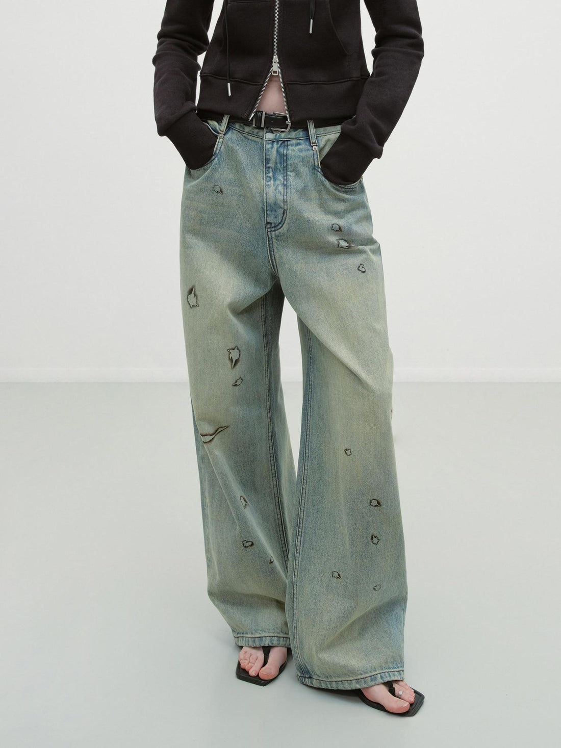 RUN TO THE FUTURE Durable Washed Low Rise Asymmetrical Vintage Unisex Printed Denim Wide-Leg Jeans