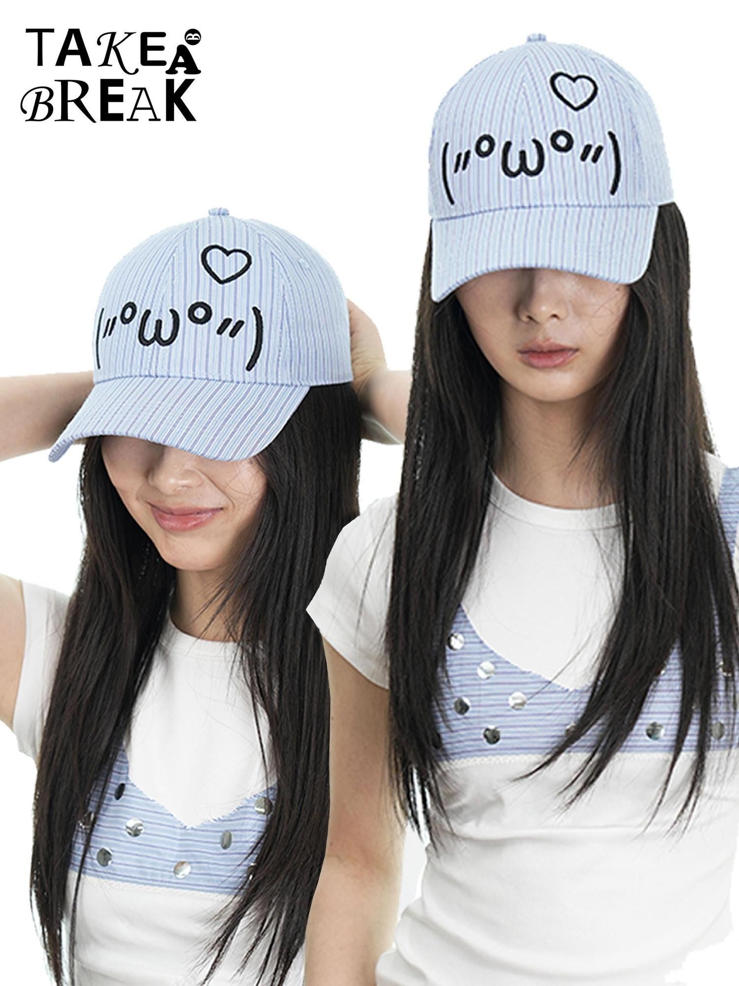 takeabreak Blue Striped Emoticon 3D Embroidery High Crown Women&