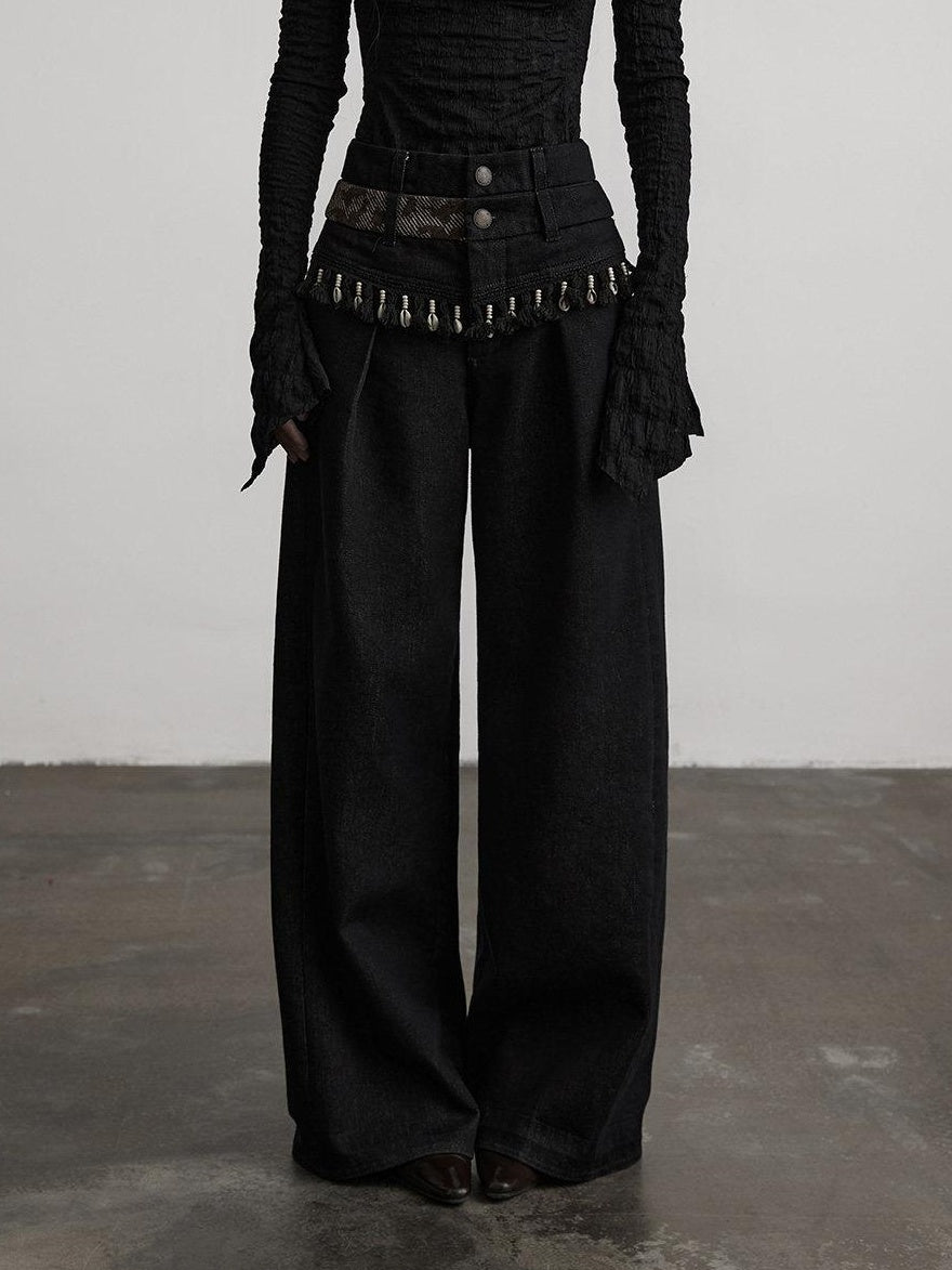 INDULGE Durable Washed Natural Waist Pockets Women Black Cotton Wide-Leg Jeans