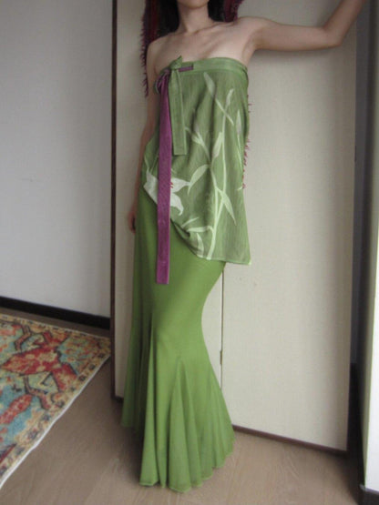 Wet Tail Elastic Mid Waist Chinese Inspired Mermaid Hem Casual Women Maxi Skirts
