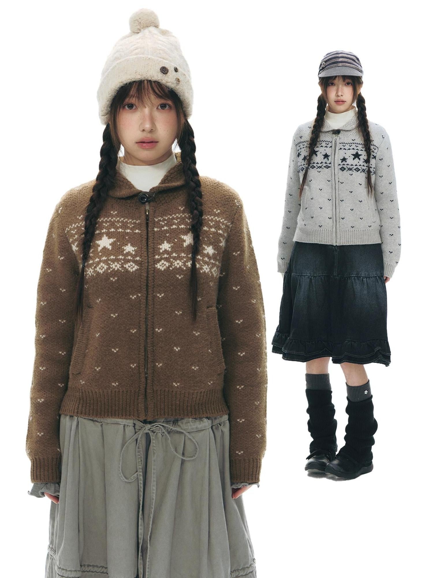 NAPSNAPS Vintage Fair Isle Star Knit Turndown Collar Women&
