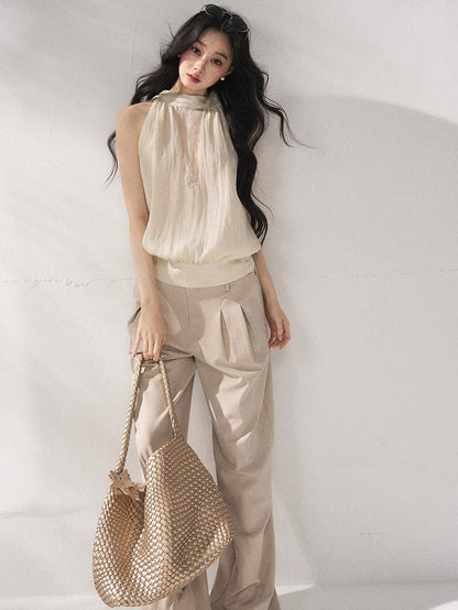 7Shiftin Comfort Stretch Natural Waist Casual Straight Hem Women Khaki Wide Leg Pants