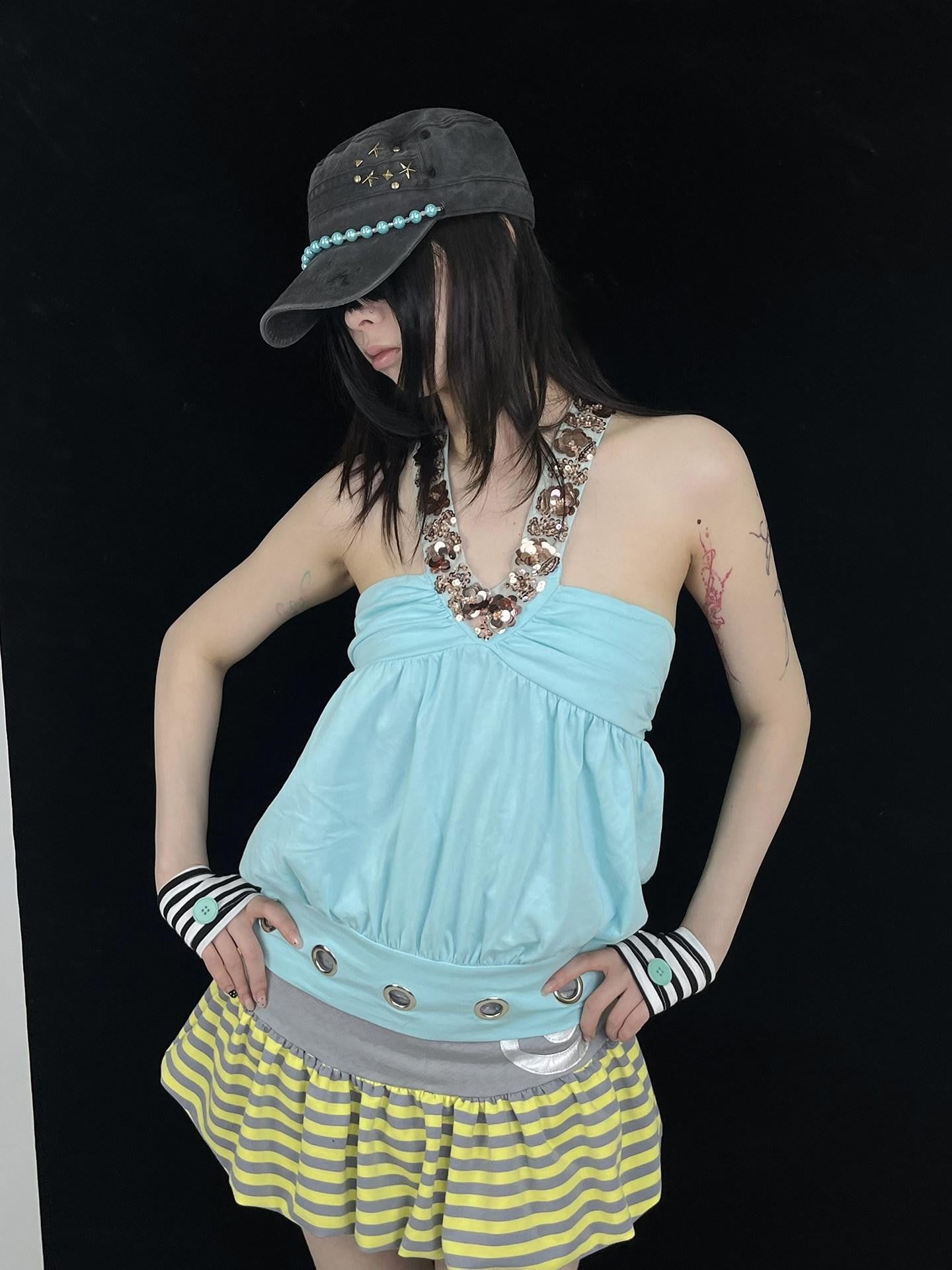 Ttsunami Beaded Sequined Ruched V-neck Halter Open Back Mint Green Women&
