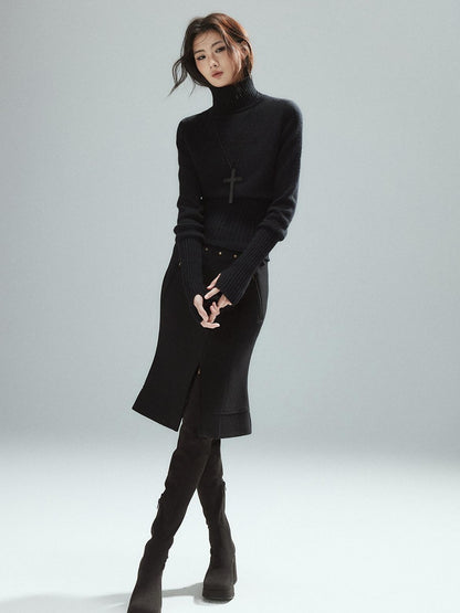 Low pixel Wool Blend Lined Patchwork Hline Slim Low Waist Black Side Zip Midi Skirts
