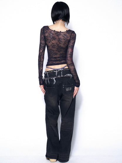 OPEN AESTHETIC Dark Blue Purple Lace Cutout Heart Women&