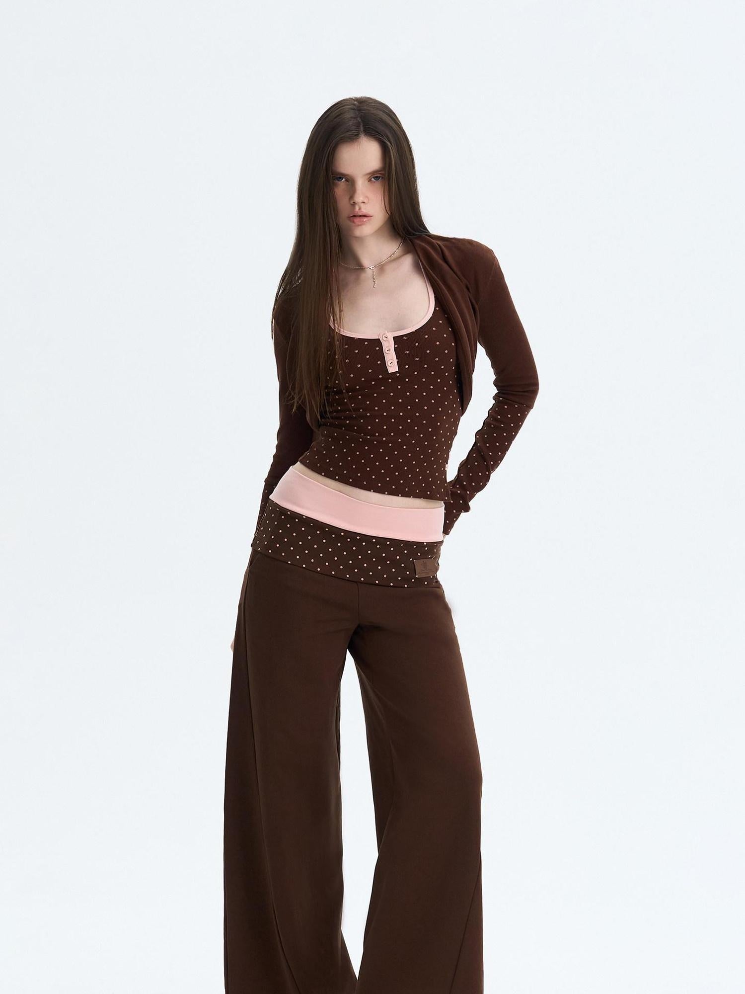 The NeverMore Polka Dot Patchwork Three Piece Long Sleeve Women Long Pants Top &amp; Pants Sets