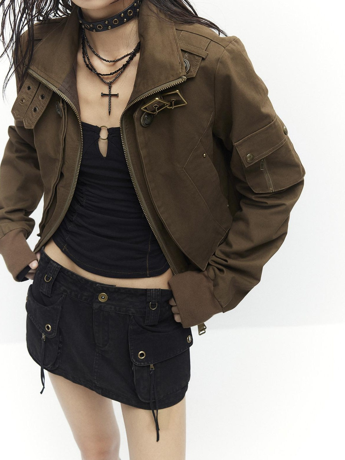 Low pixel Plush Lined Waist Cinch Dark Goth Slim Fit Women Zip High Collar Cropped Jackets
