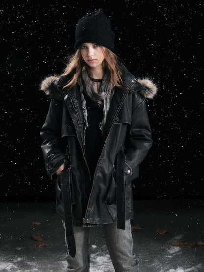 Cest Nous Fur Collar Hooded Utility Distressed Women&
