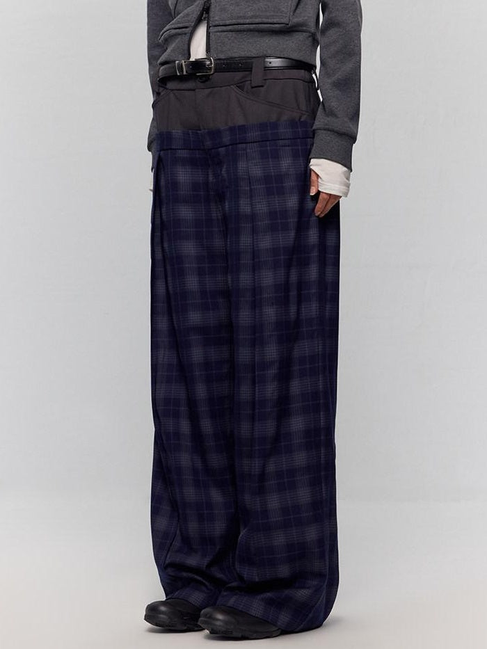 RUN TO THE FUTURE Original Double Waist Pockets Low Rise Wide Leg Women Blue Grey Plaid Chinos