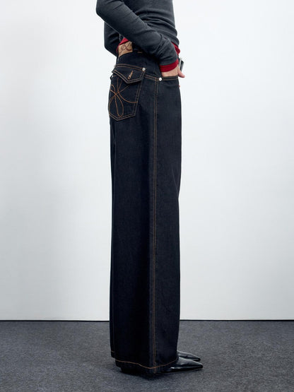 RUN TO THE FUTURE Casual Relaxed Dark Wash Cotton Natural Waist Zip Fly Denim Straight Jeans