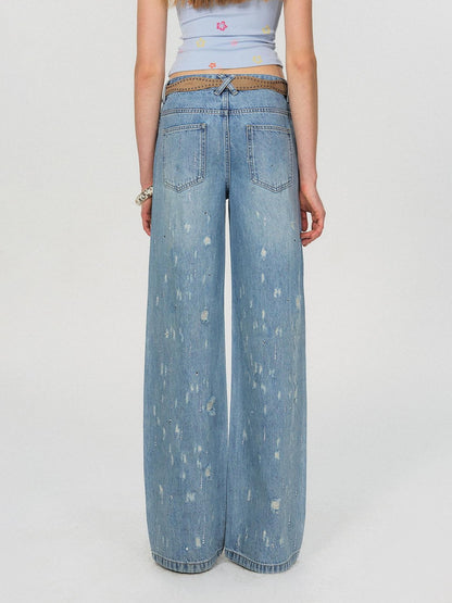 The NeverMore Crystal Trim Relaxed Natural Waist Women Washed Blue Zipper Straight Leg Jeans