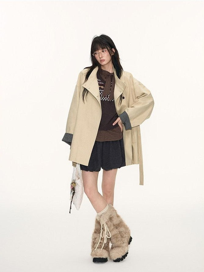 NAPSNAPS Bow Plaid Patchwork Tie Belt Stand Collar Midlength Women&