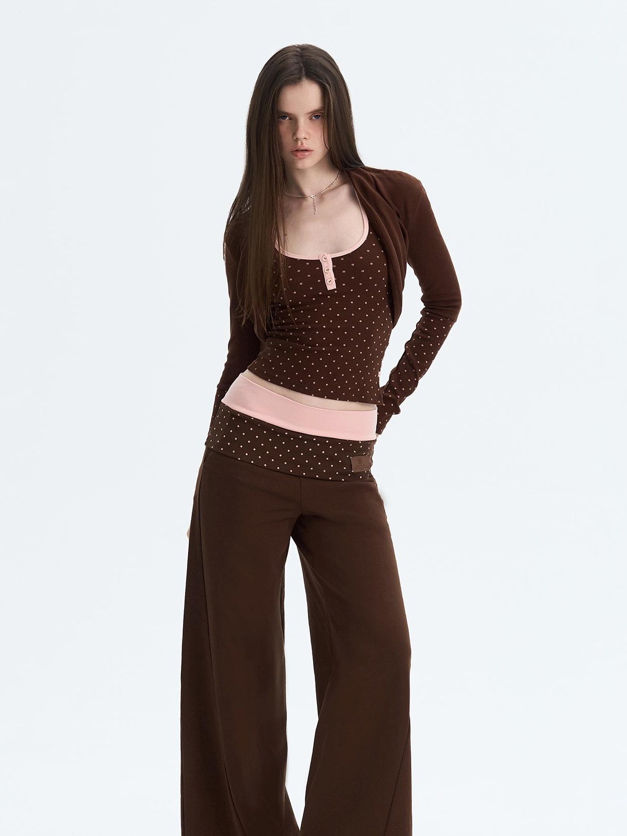 The NeverMore Polka Dot Patchwork Three Piece Long Sleeve Women Long Pants Top &amp; Pants Sets
