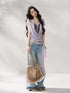 7Shiftin Purple Tie Front Relaxed Crew Neck Short Sleeve Casual Women Basic Crop Tops