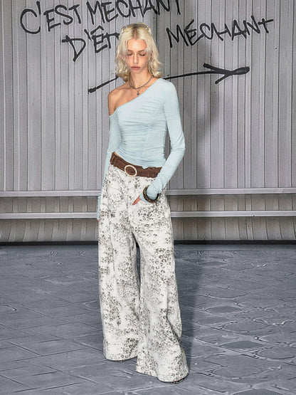 The NeverMore Leopard Cotton Zipper Natural Waist Loose Fit Sexy Women Wide Leg Jeans