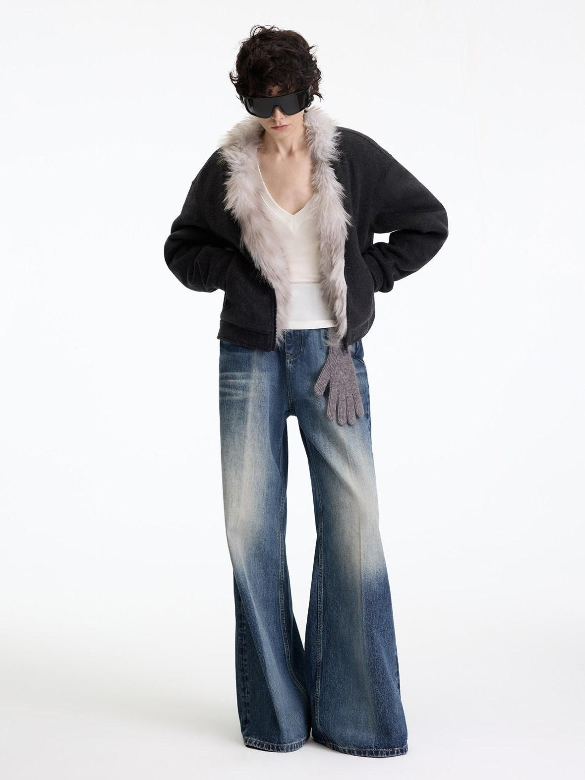 RUN TO THE FUTURE Warm Thick Patchwork Casual Zip Front Fur Collar Women Black Cardigans