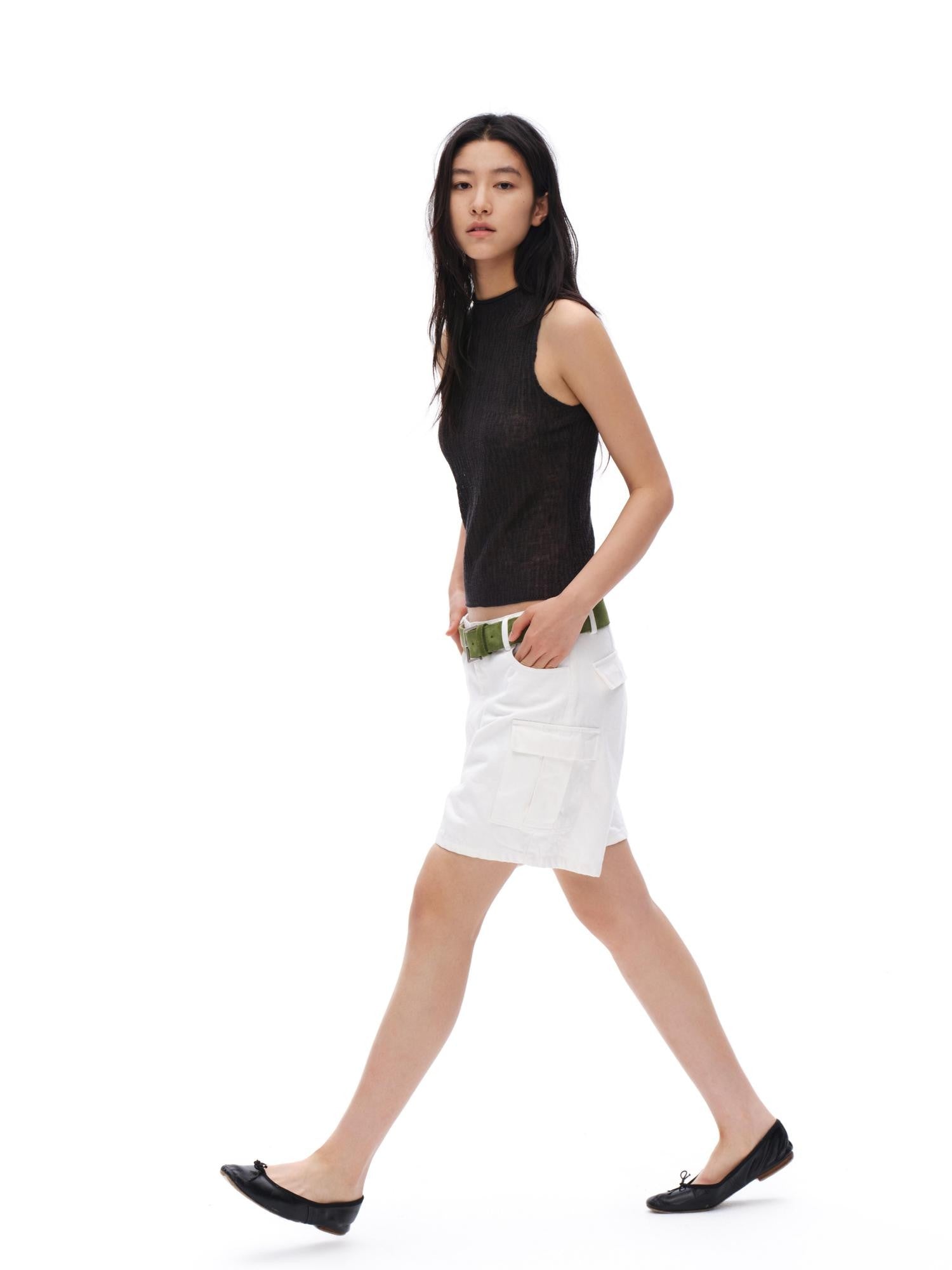 oinimi White Vintage Bermuda Cargo Button Fly Pocket Women&