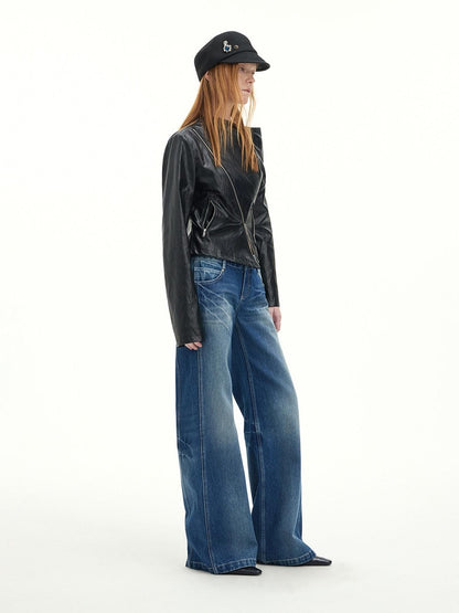RUN TO THE FUTURE Vintage Blue Washed Mid Rise Cotton Zipper Women No Stretch Straight Jeans