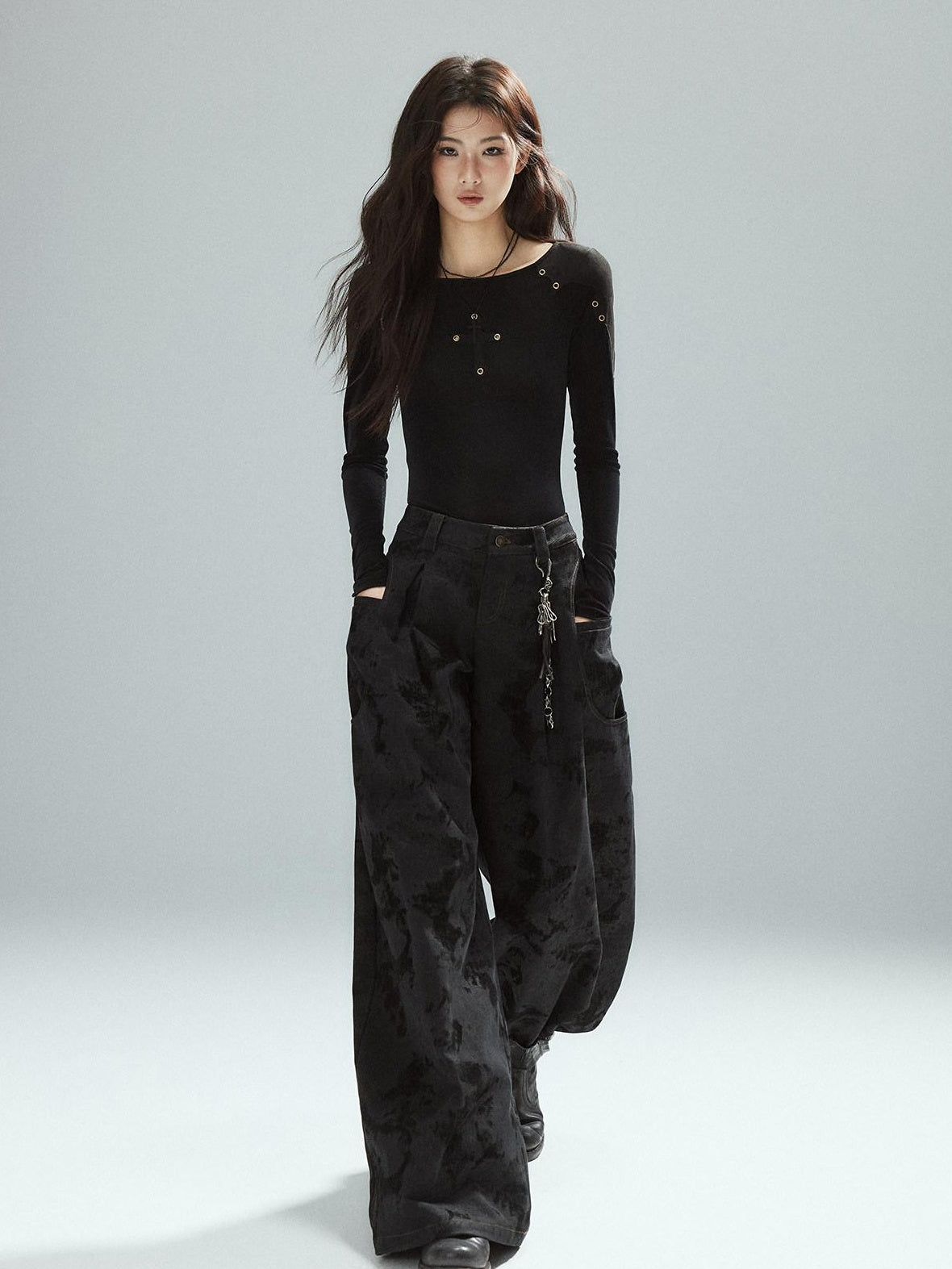 Low pixel Black Cotton Flocked Low Rise Loose Street Women Zip Fly Wide Leg Jeans