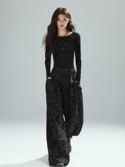 Low pixel Black Cotton Flocked Low Rise Loose Street Women Zip Fly Wide Leg Jeans