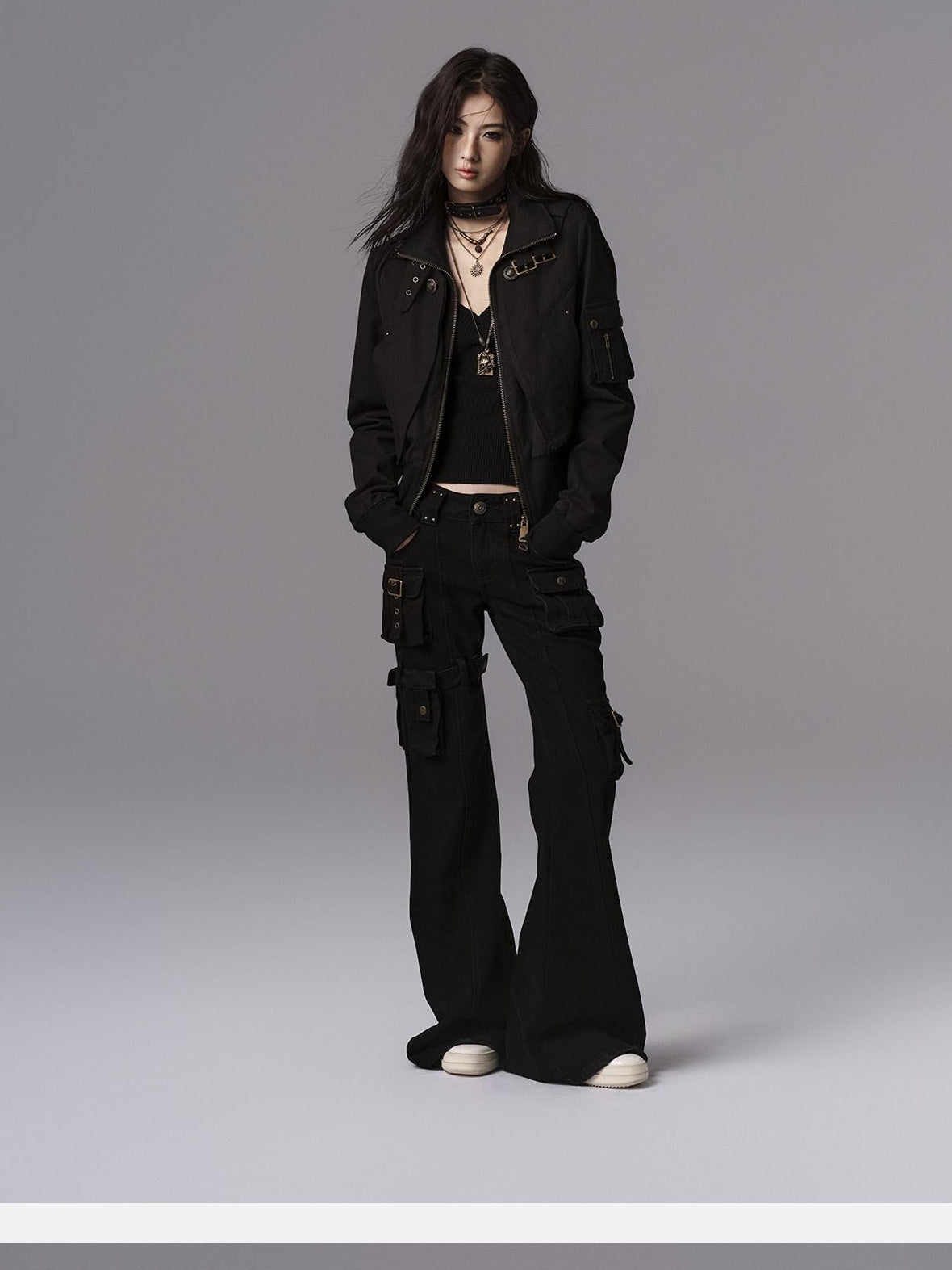 Low pixel Waist Cinched Gothic Slim V-neck Black Women Pullover Cropped Jackets