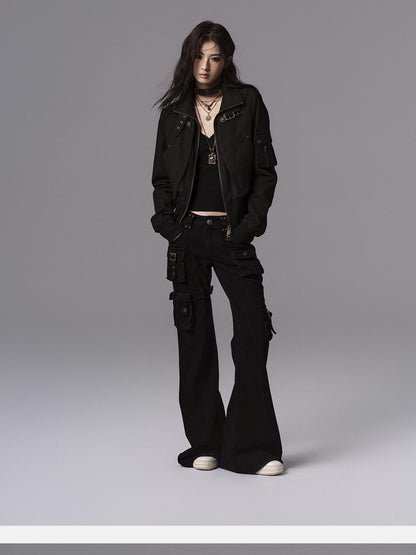 Low pixel Waist Cinched Gothic Slim V-neck Black Women Pullover Cropped Jackets