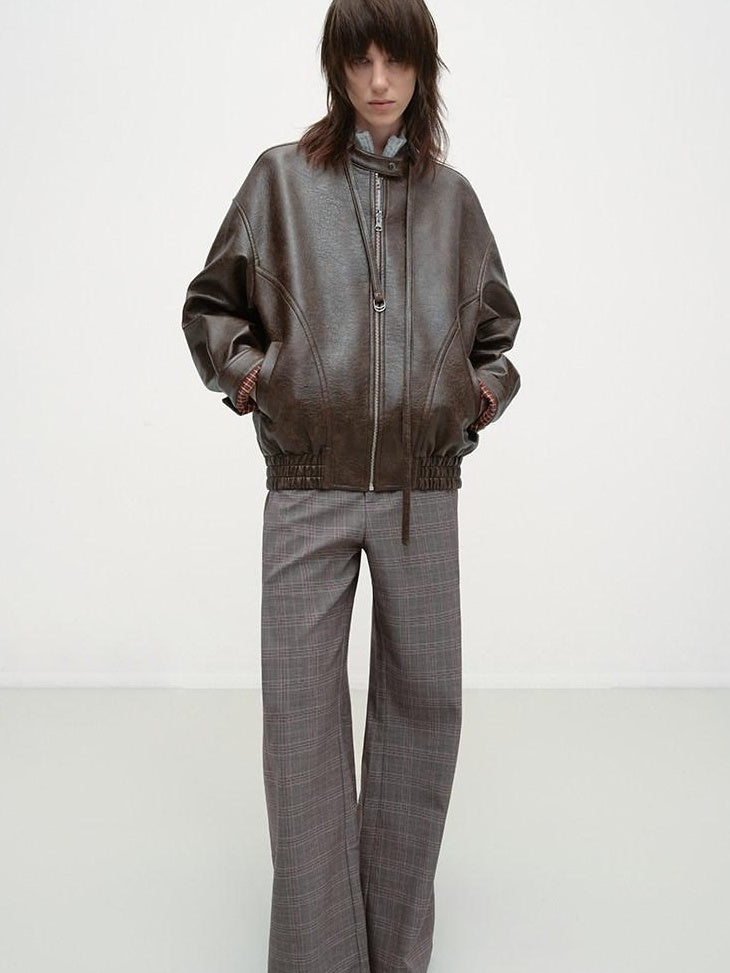 RUN TO THE FUTURE Vintage Brown Zipper Loose Fit Stand Collar Commuter Washed Leather Jackets
