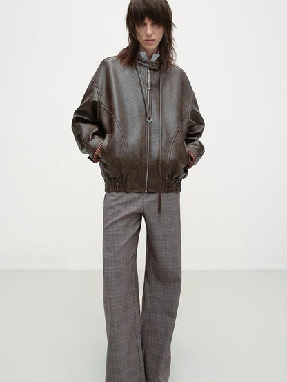 RUN TO THE FUTURE Vintage Brown Zipper Loose Fit Stand Collar Commuter Washed Leather Jackets