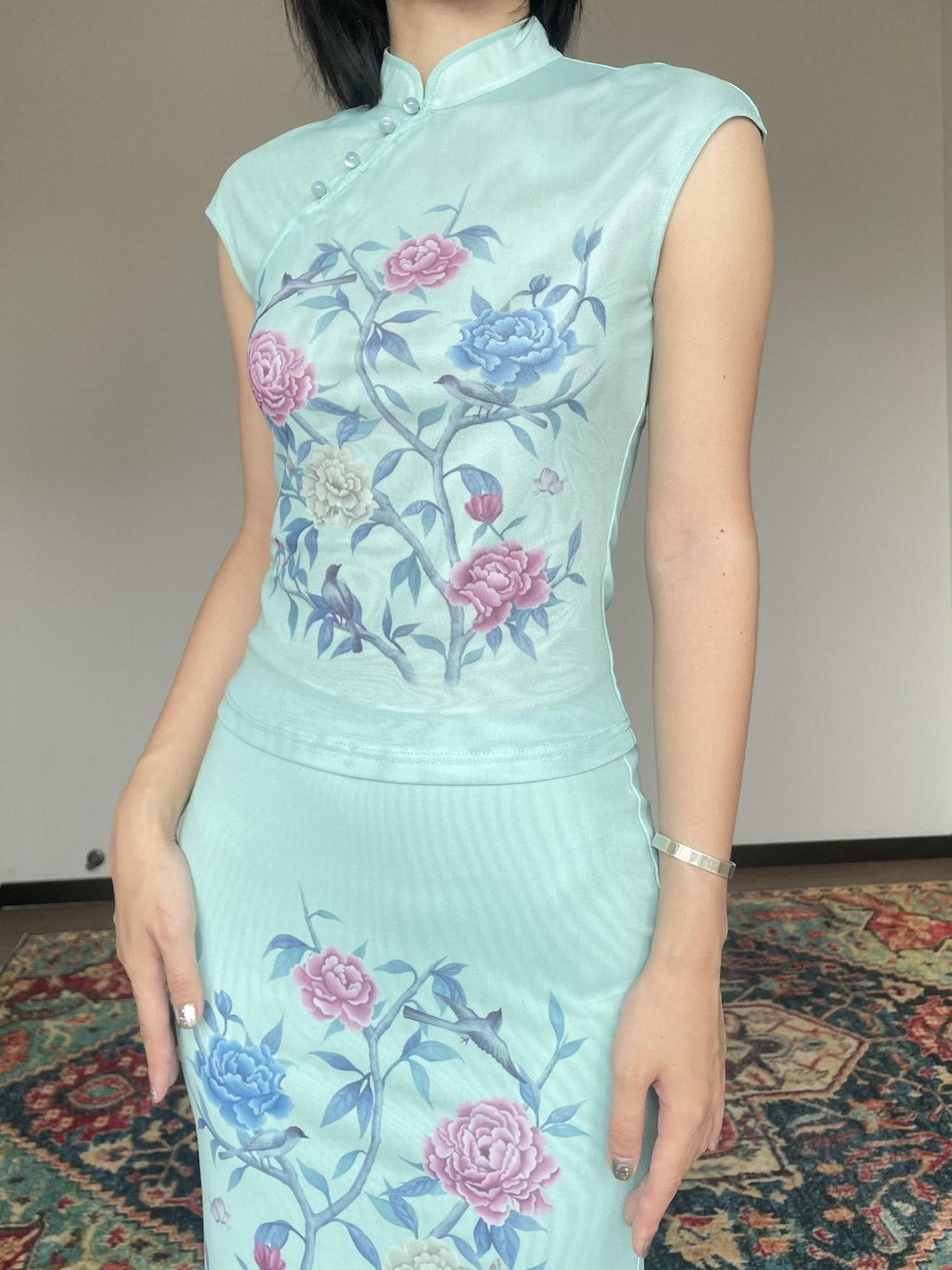 Wet Tail Stretch Polyester Fitted Cheongsam Style Women Elegant Office Blouses