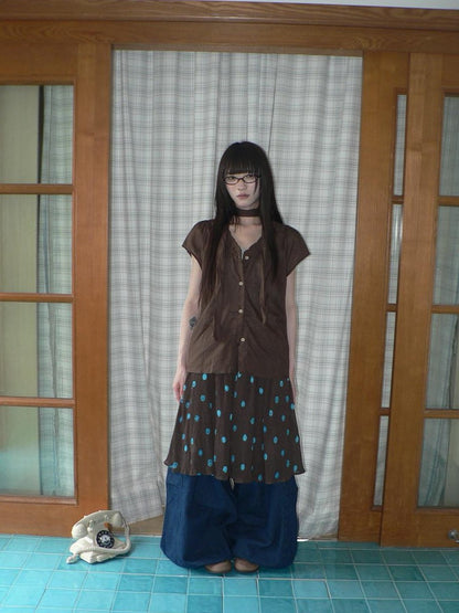 ang project Deep Blue Vintage Pleated Elastic Waist Loose Fit Women&
