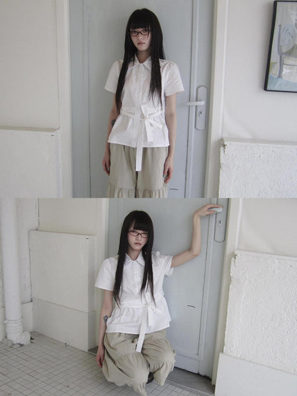 ang project Korean Turn Down Collar Single Button Tie Waist Women&