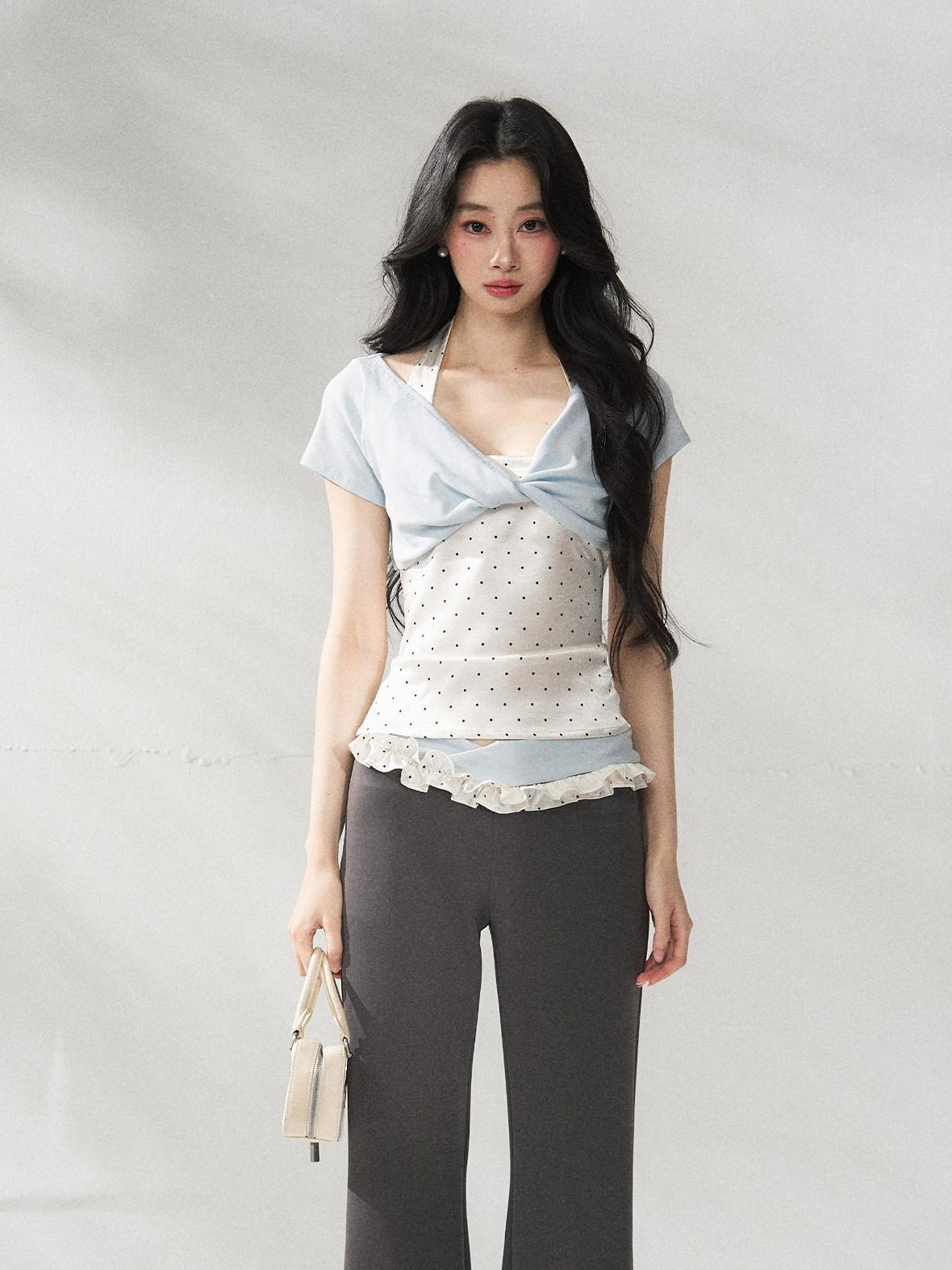 7Shiftin Polka Dot Two Piece Slim Short Sleeve Shirt Women High Waist Basic Crop Tops