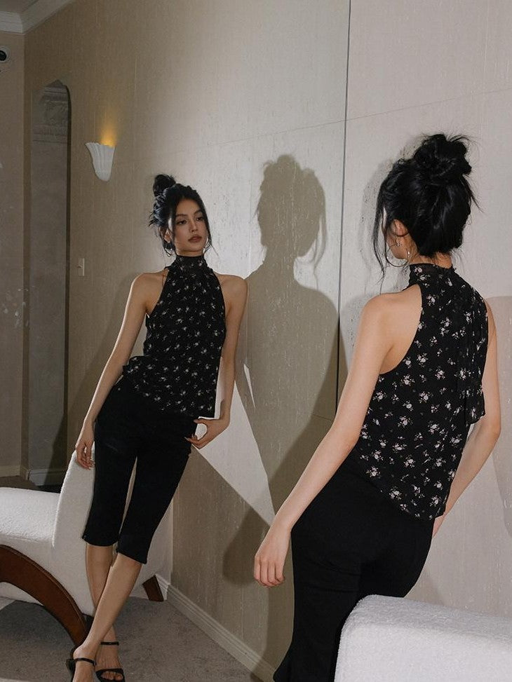 FU FRESH UP Black Floral Stand Collar Tie Neck Chiffon Women&