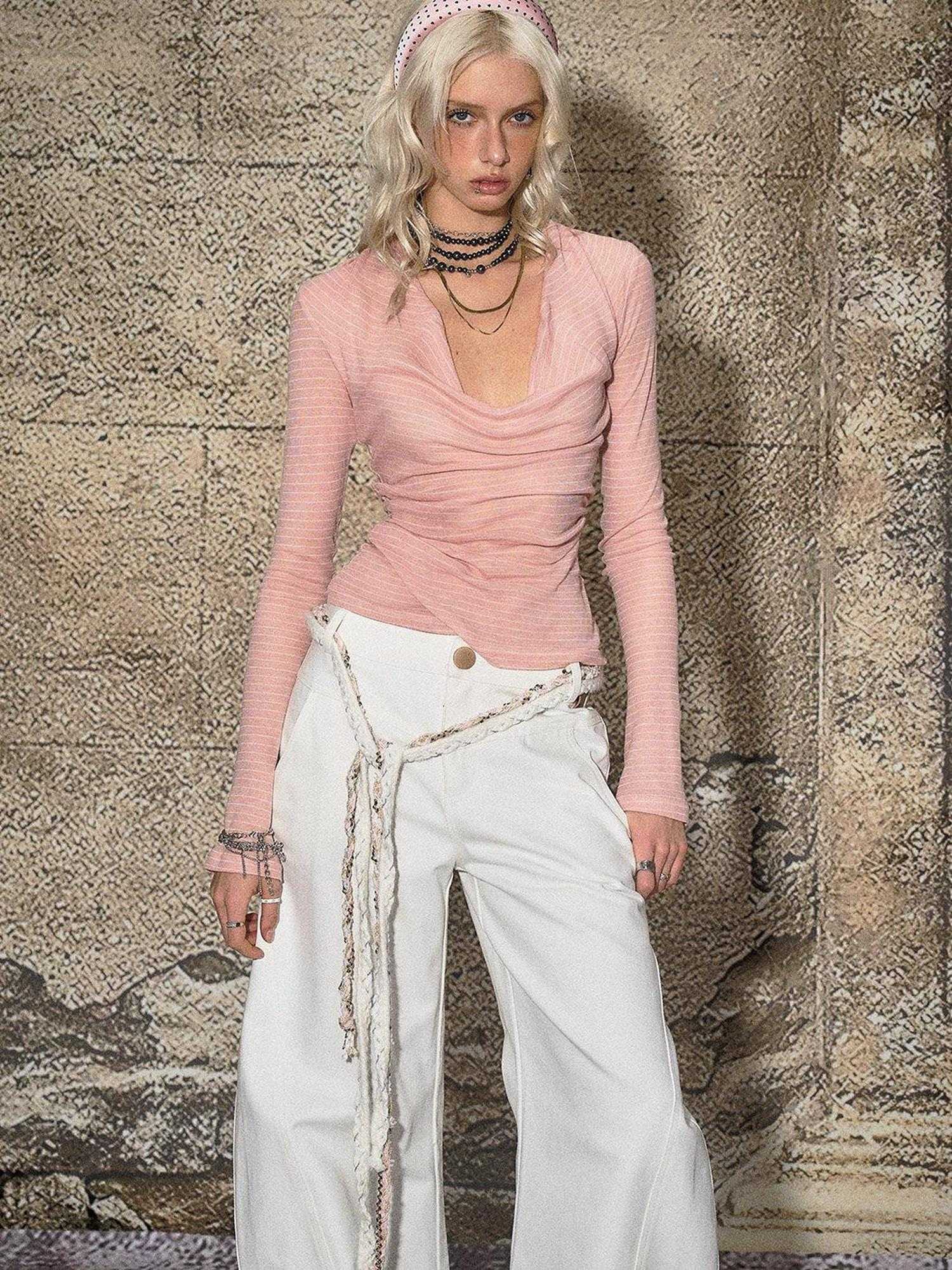 The NeverMore Soft Cotton Poly Blend Slim Fit Office Chic Pink For Women Long Sleeve Crop Tops