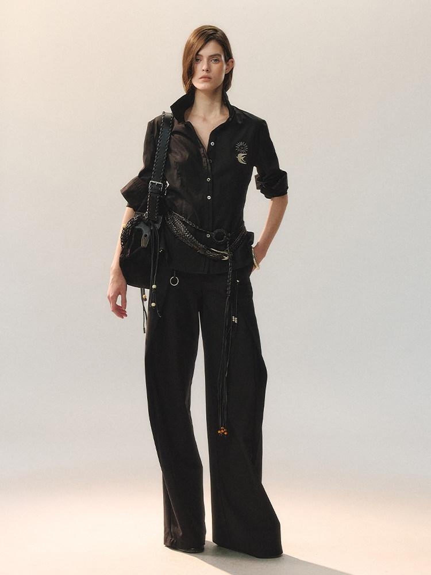 AnnoMundi Embroidered Lyocell Lace Slim Fit Double Collar Long Sleeve Women Black Blouses