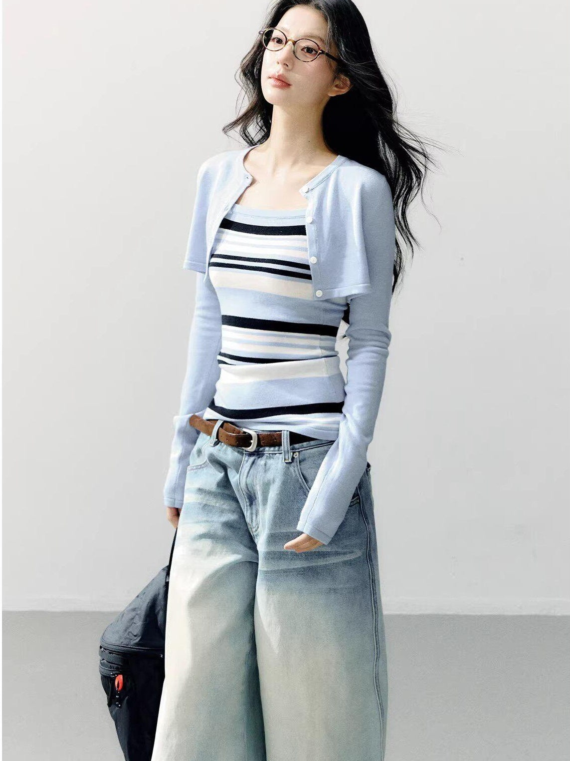 7Shiftin Breathable Striped Two Piece Cardigan Pullover Women Casual Long Sleeve T-Shirts