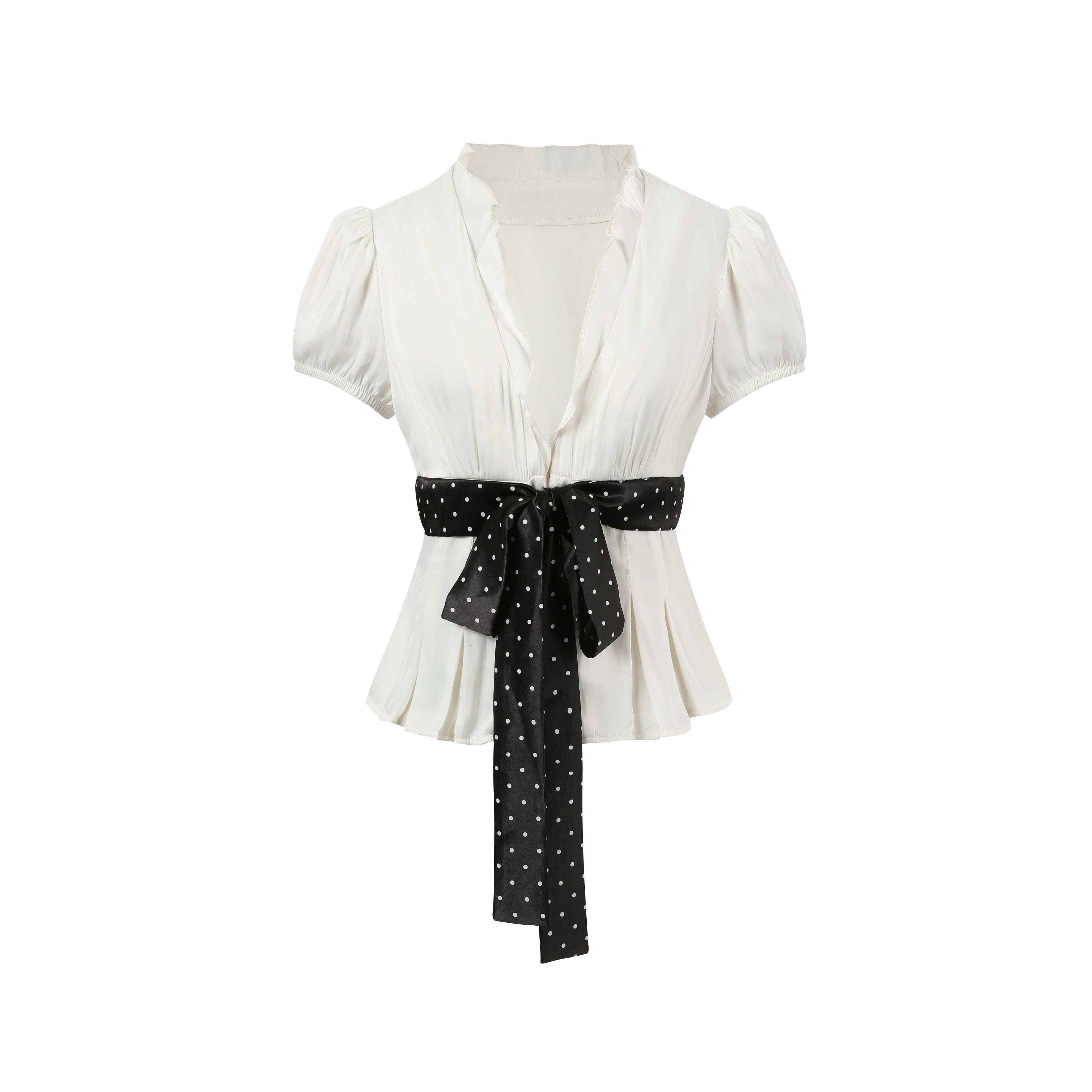 7Shiftin_Polka_Dot_Tie_V-neck_French_Loose_Puff_Sleeve_White_Ladies_Basic_Crop_Tops_MISSTT