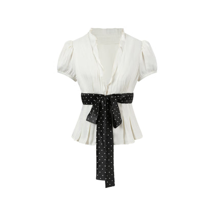 7Shiftin_Polka_Dot_Tie_V-neck_French_Loose_Puff_Sleeve_White_Ladies_Basic_Crop_Tops_MISSTT