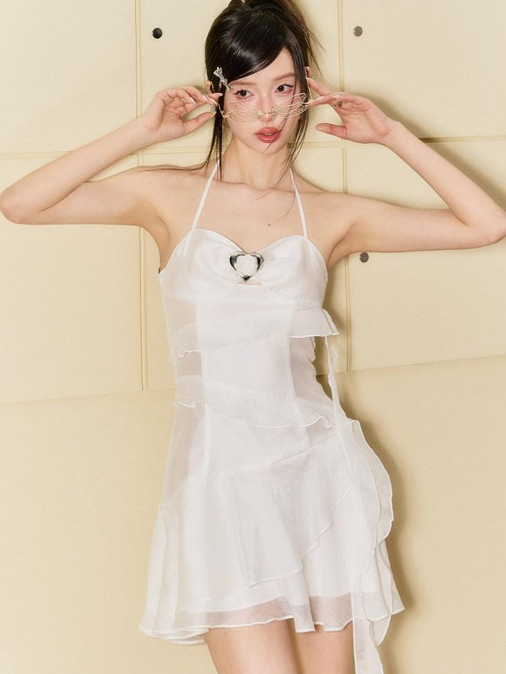 7Shiftin High Waist Chiffon A Line Spaghetti Strap Office White Mini Dresses