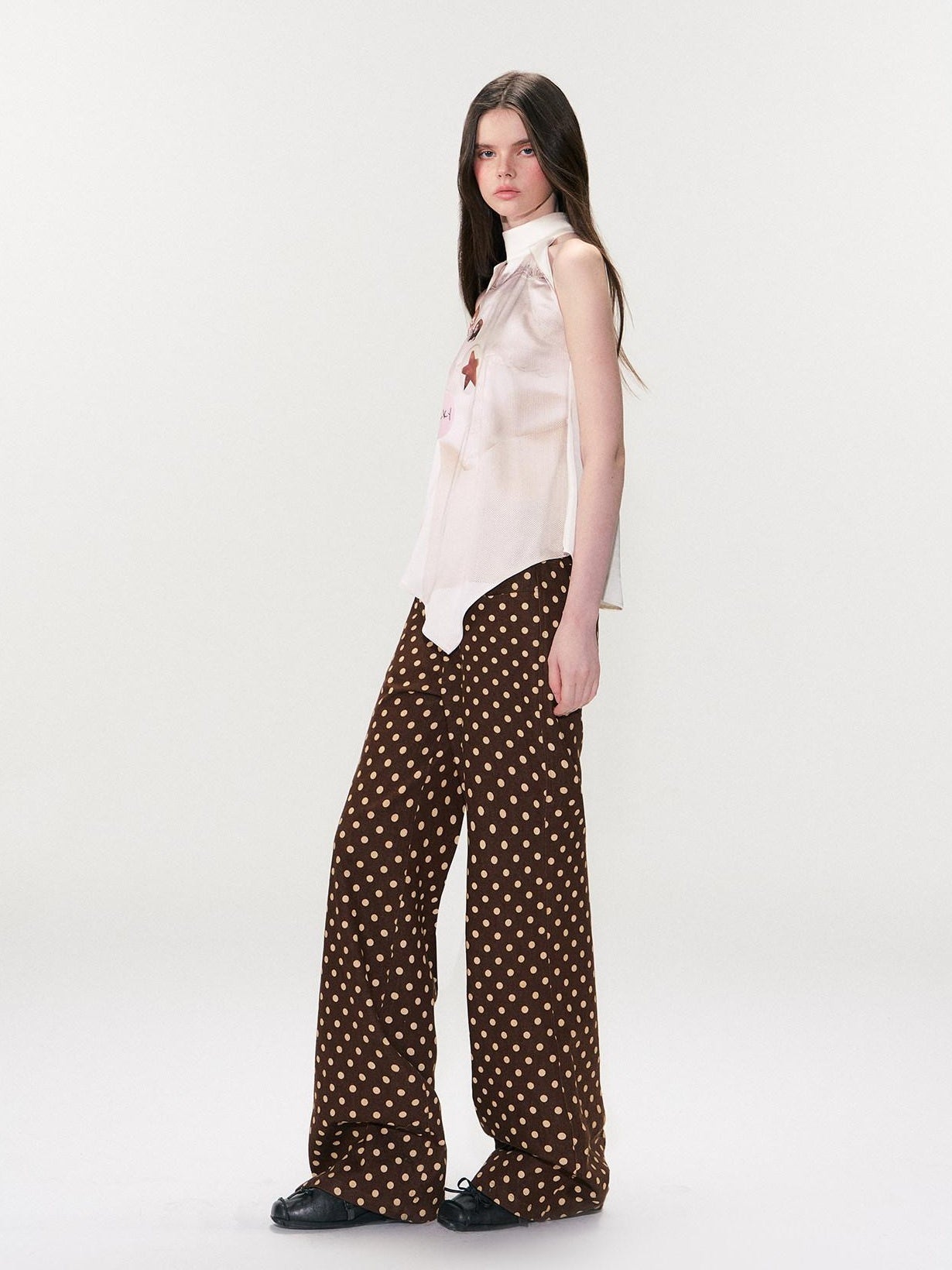 The NeverMore Cotton Polka Dot Vintage Natural Waist Casual Women Brown Straight Leg Jeans