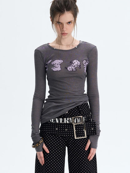 The NeverMore Sexy Slim Fit Drop Shoulder Crew Neck Knit White Grey Long Sleeve T-Shirts