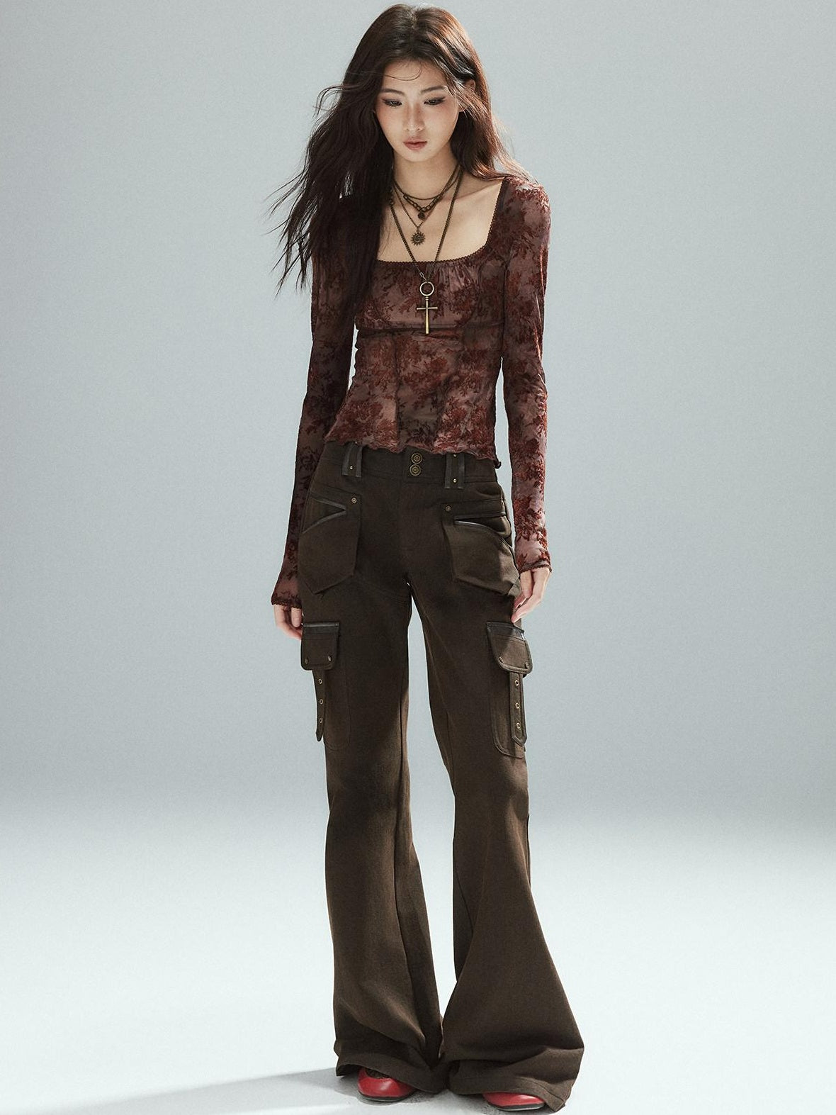 Low pixel Slim Low Rise Cotton Flare Street Style Zipper Brown Women Cargo Pants