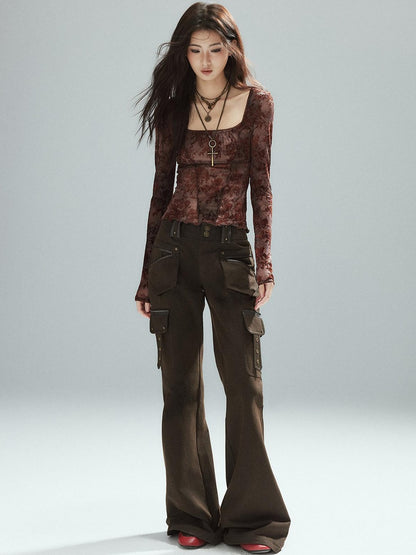 Low pixel Slim Low Rise Cotton Flare Street Style Zipper Brown Women Cargo Pants
