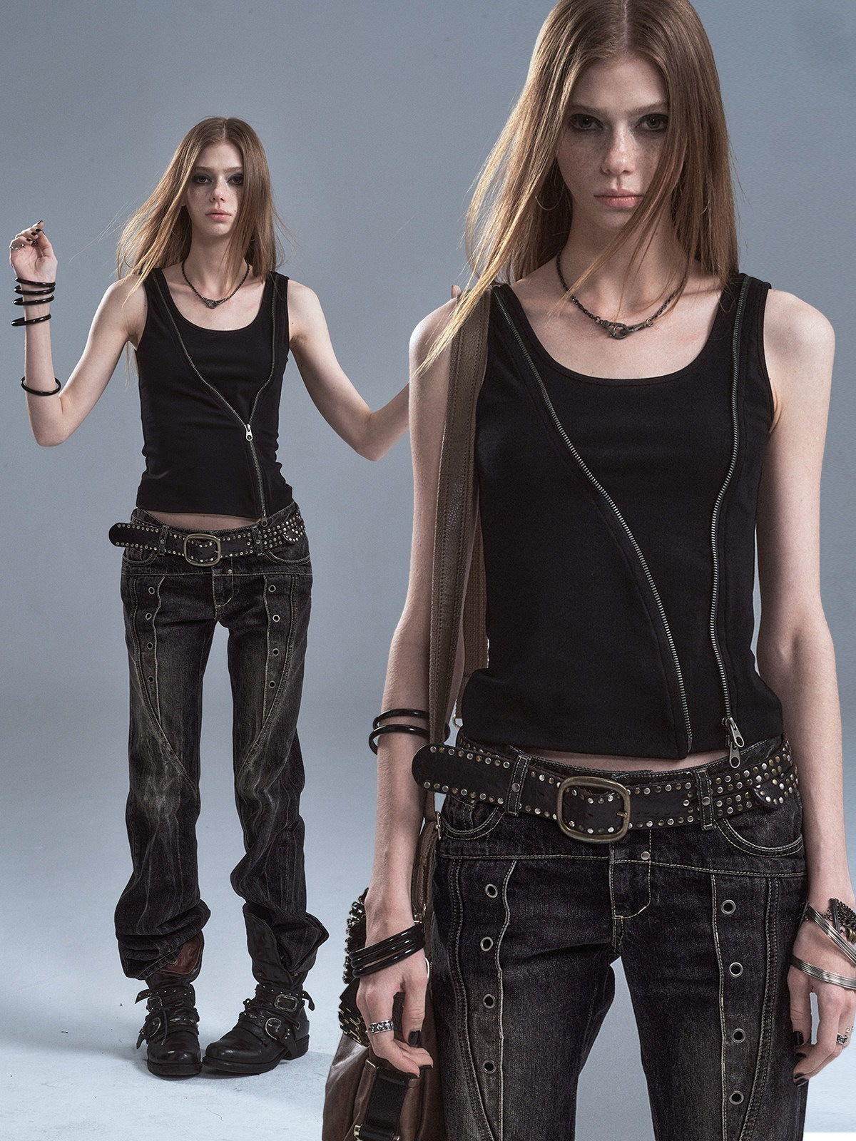 wear_And_tear_Printed_Camo_Black_Diagonal_Zip_Two_Way_Cinched_Waist_Women&