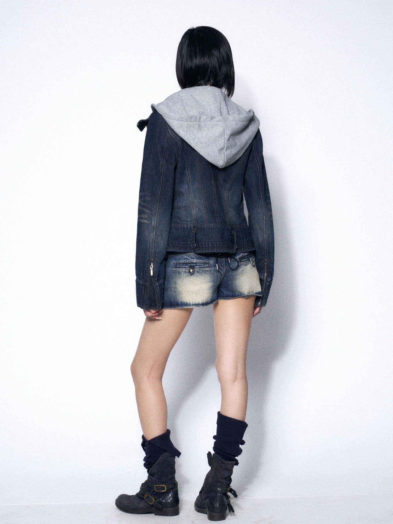 OPEN AESTHETIC Washed Distressed Faux Two Piece Hooded Zip Front Slim Fit Women&