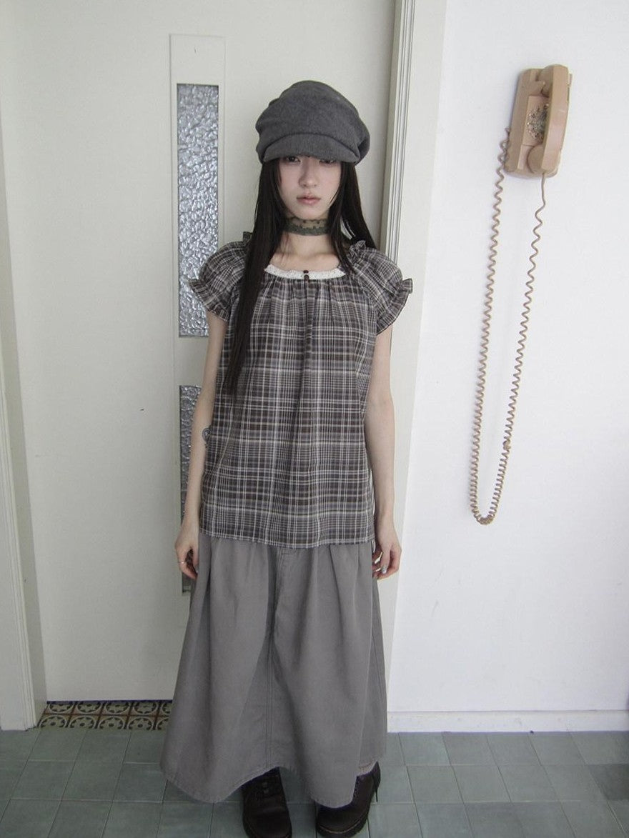 ang project Brown Plaid Patchwork Lace Trim Puff Sleeve Women&