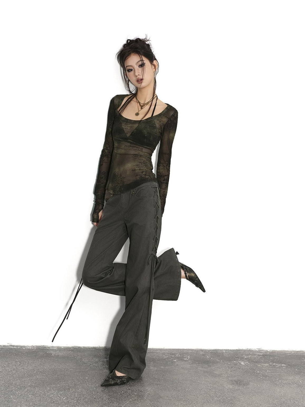 Low pixel Pure Cotton Low Waist Slim Fit Casual Women Olive Green Flared Pants